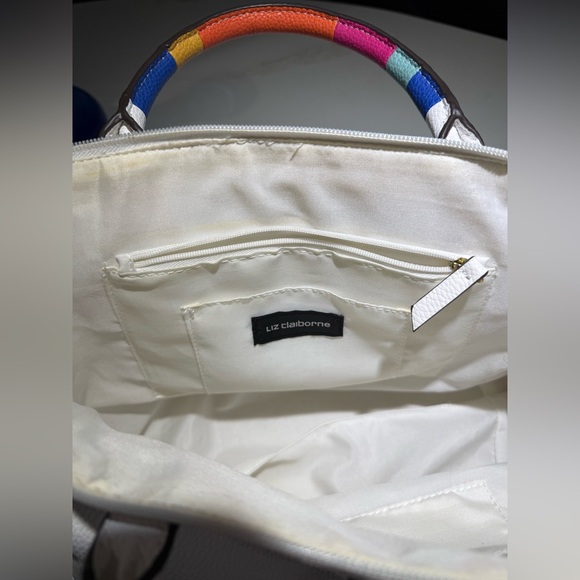 LIZ CLAIBORNE Large Tote, Crossbody or Shoulder white, rainbow colored handles - Picture 10 of 12